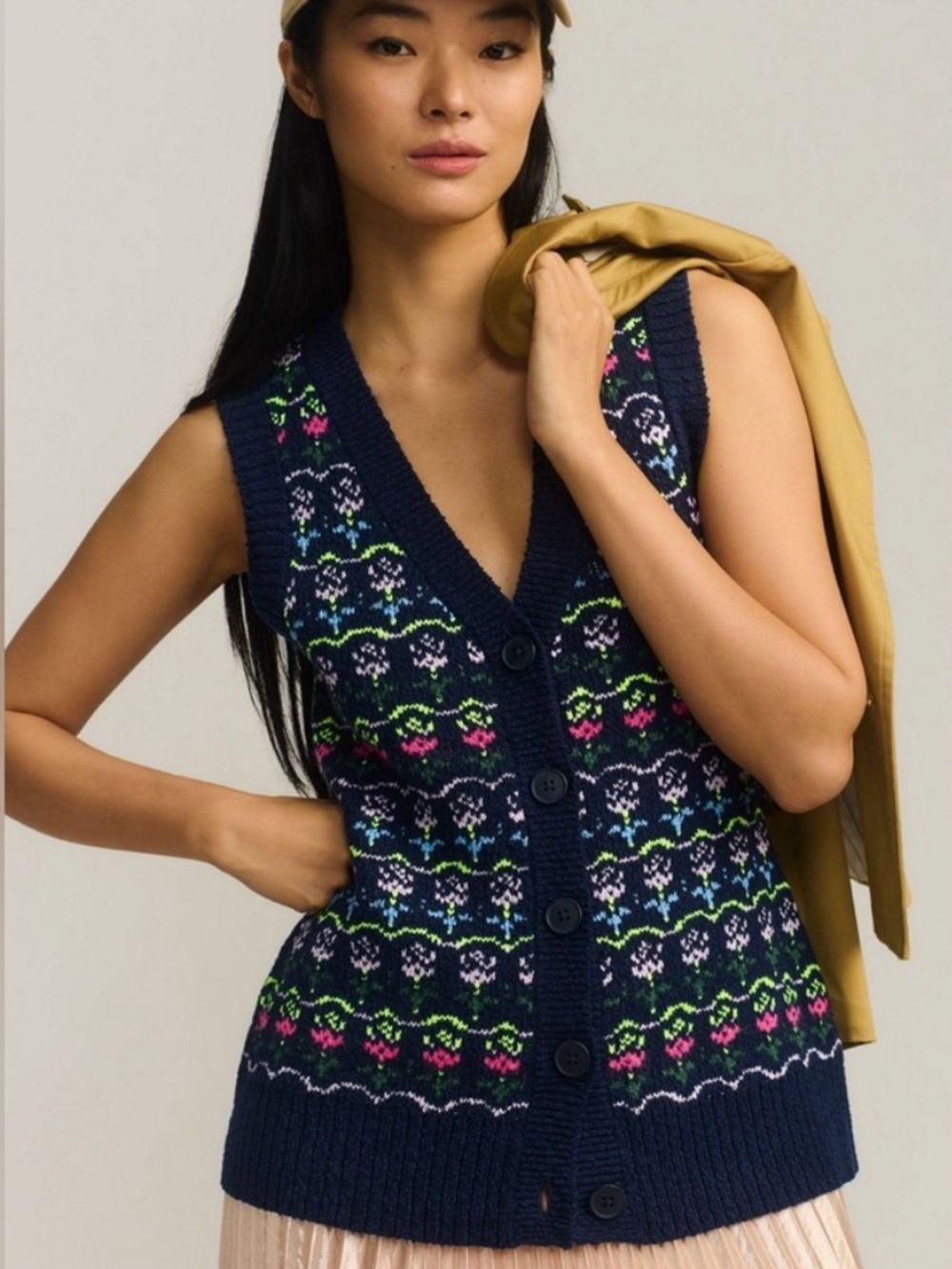 Anthropologie Maeve Navy V-Neck Button-Front Fair Isle Knit Vest